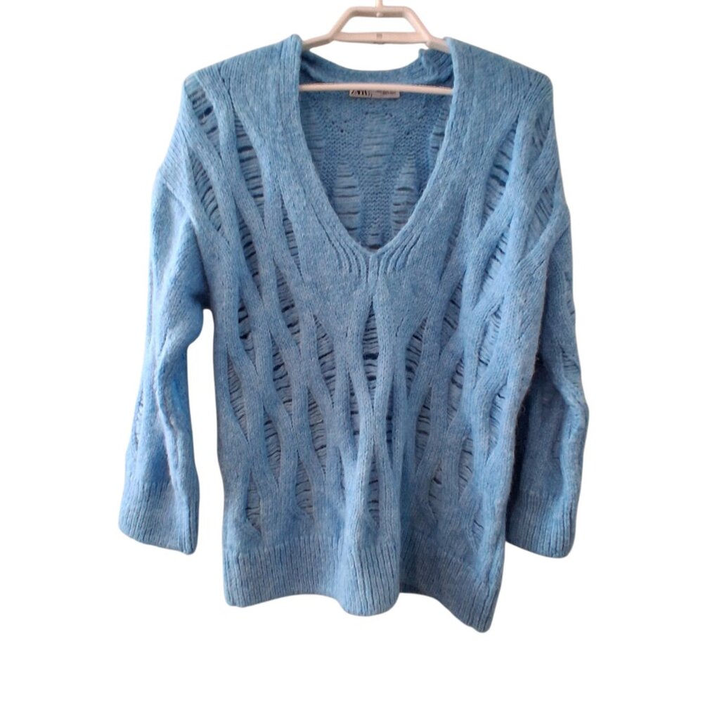 Zara sweater womens medium blue distressed wool blend long